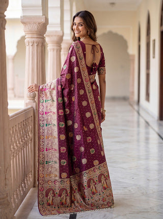 Wine Nylon Satin Zari Weaving Saree ClothsVilla