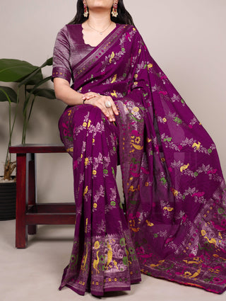 Wine Nylon Weaving Work Saree ClothsVilla