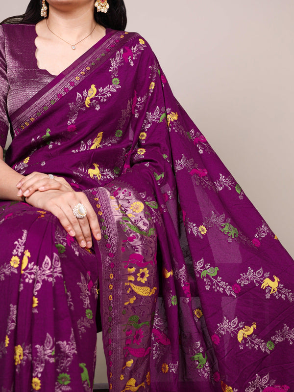 Wine Nylon Weaving Work Saree ClothsVilla