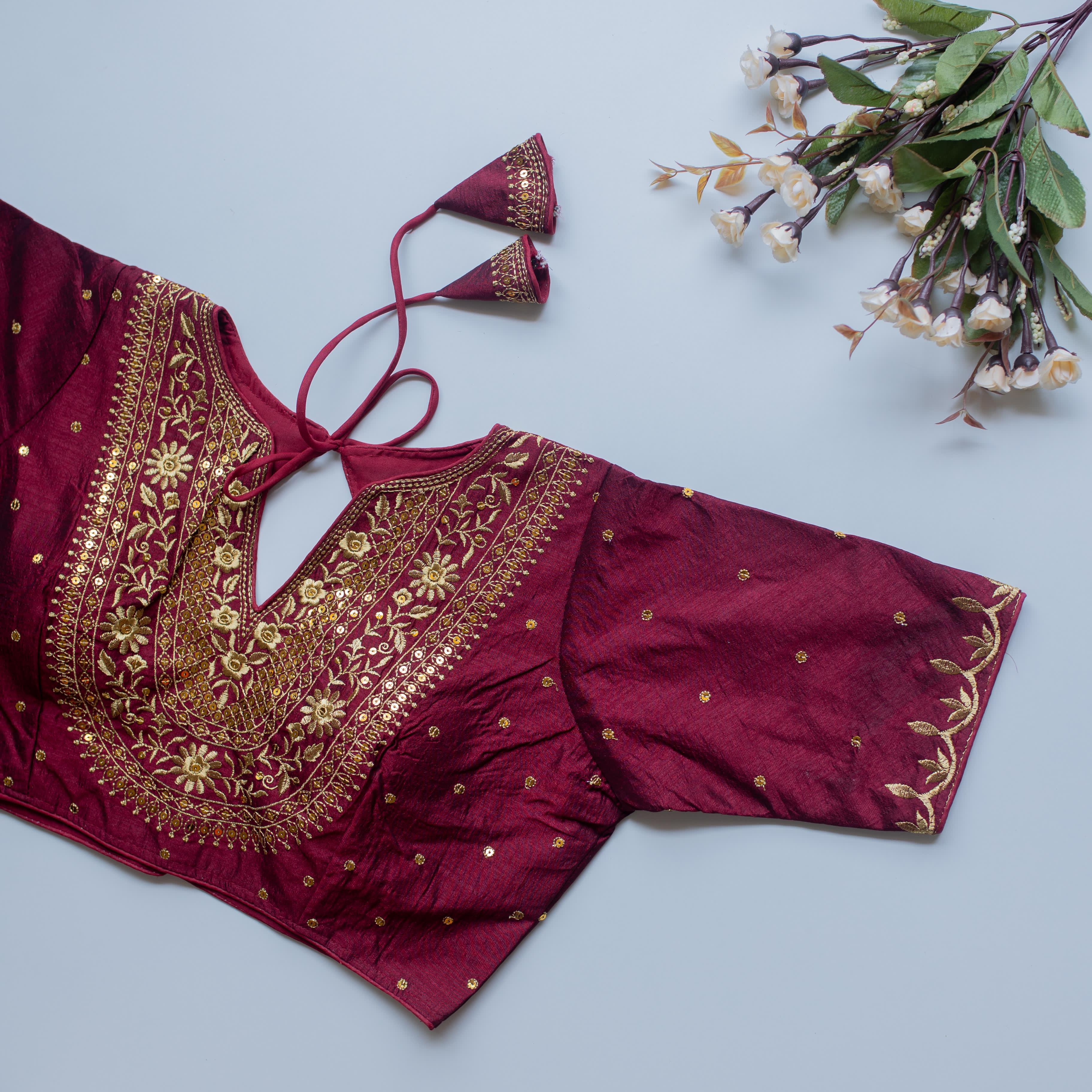 Wine Olive Silk Blouse with Golden Embroidery and Sequence Accents ClothsVilla Main image