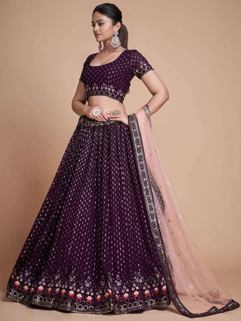 Wine Pakistani Georgette Lehenga Choli For Indian Festivals & Weddings - Sequence Embroidery Work, Thread Embroidery Work, Clothsvilla