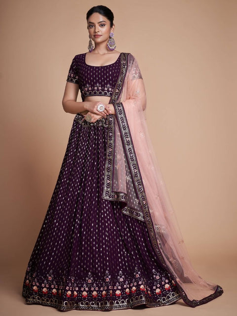Wine Pakistani Georgette Lehenga Choli For Indian Festivals & Weddings - Sequence Embroidery Work, Thread Embroidery Work, Clothsvilla Main image