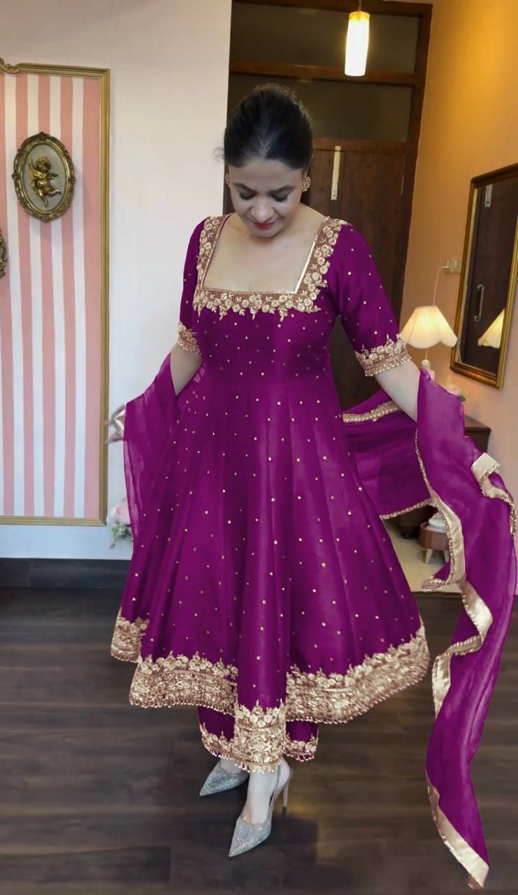 Wine Party Wear Pur Vichitra Silk Anarkali Gown with Dupatta Set