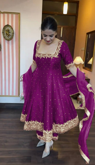 Wine Party Wear Pur Vichitra Silk Anarkali Gown with Dupatta Set