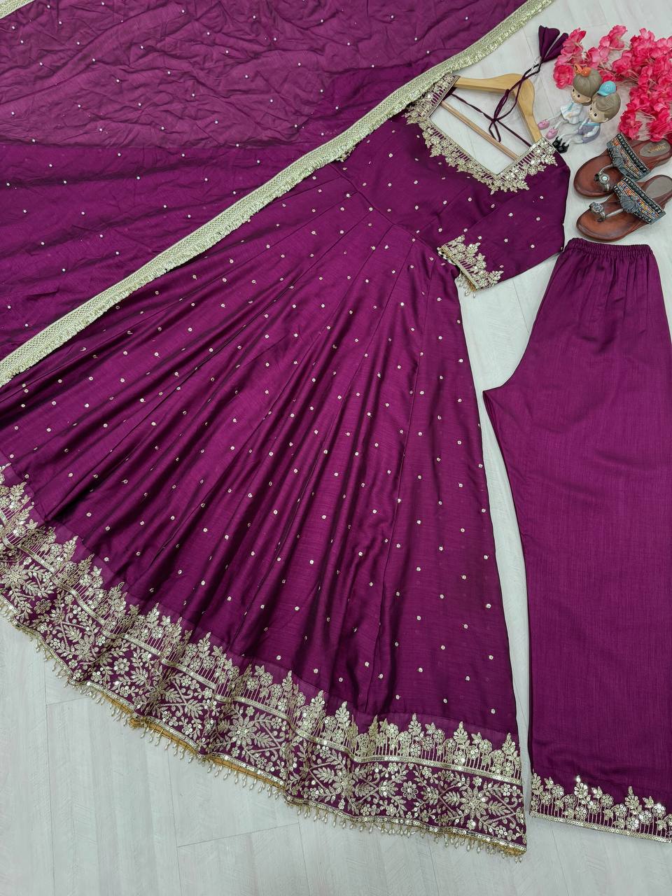 Wine Party Wear Pur Vichitra Silk Anarkali Gown with Dupatta Set