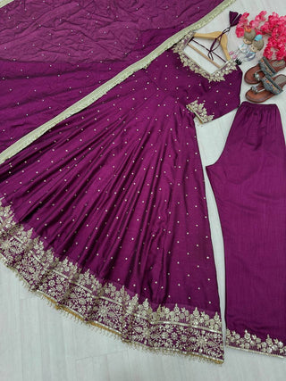 Wine Party Wear Pur Vichitra Silk Anarkali Gown with Dupatta Set