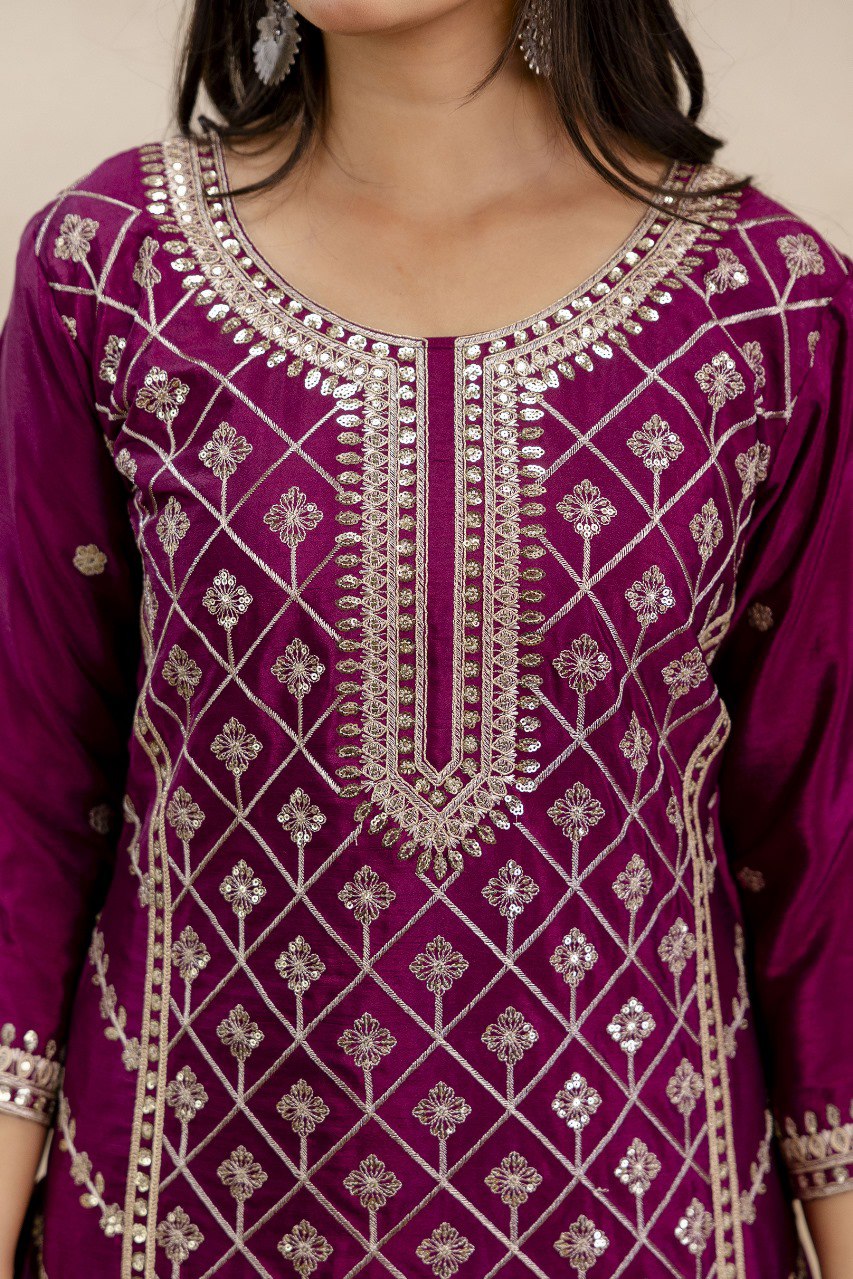 Wine Premium Chinon Sharara Suit Set with Heavy Coding Sequins Embroidery Clothsvilla