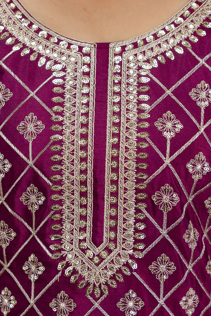 Wine Premium Chinon Sharara Suit Set with Heavy Coding Sequins Embroidery Clothsvilla