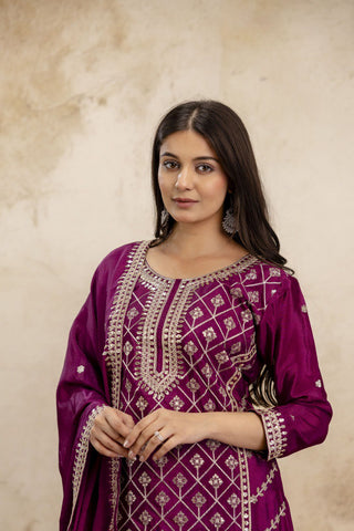 Wine Premium Chinon Sharara Suit Set with Heavy Coding Sequins Embroidery Clothsvilla