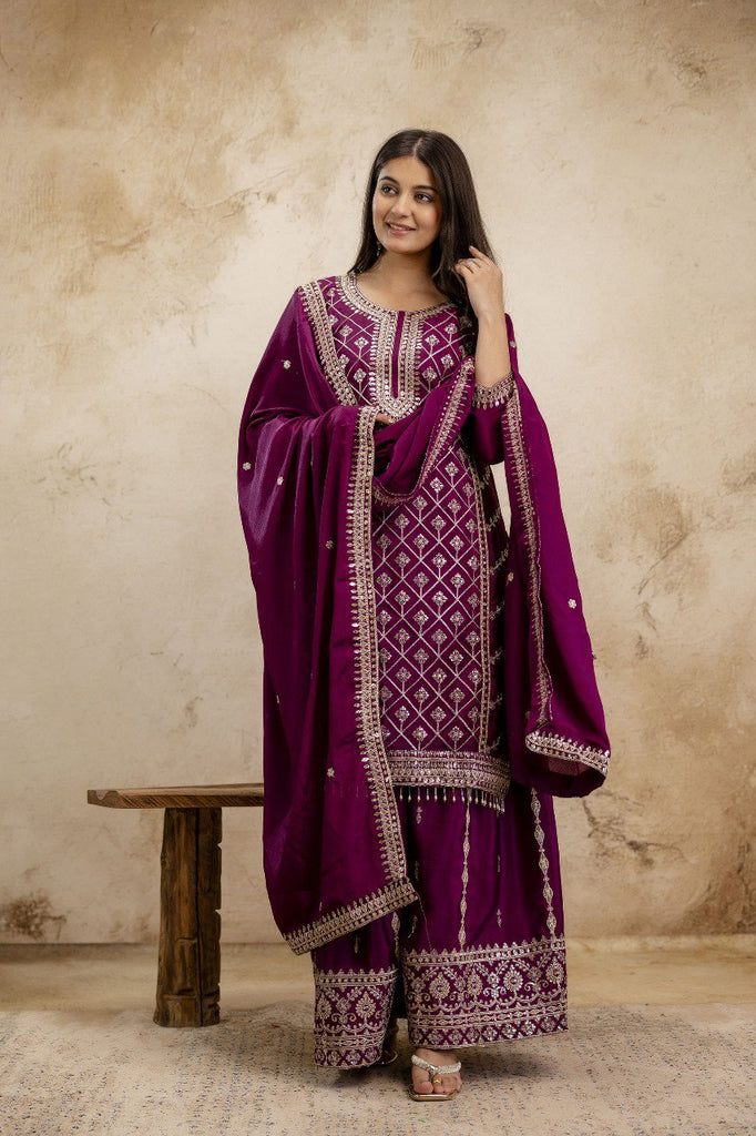 Wine Premium Chinon Sharara Suit Set with Heavy Coding Sequins Embroidery Clothsvilla