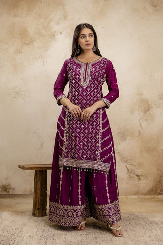 Wine Premium Chinon Sharara Suit Set with Heavy Coding Sequins Embroidery Clothsvilla