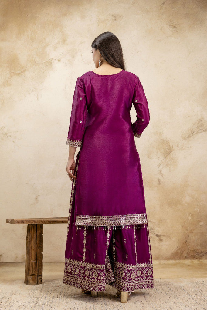 Wine Premium Chinon Sharara Suit Set with Heavy Coding Sequins Embroidery Clothsvilla