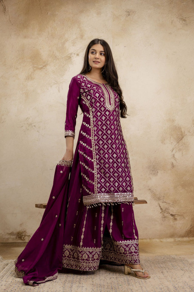 Wine Premium Chinon Sharara Suit Set with Heavy Coding Sequins Embroidery Clothsvilla