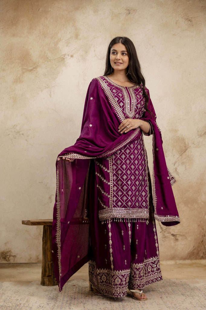 Wine Premium Chinon Sharara Suit Set with Heavy Coding Sequins Embroidery Clothsvilla