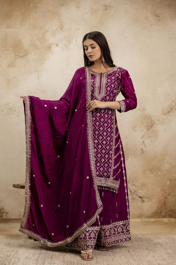 Wine Premium Chinon Sharara Suit Set with Heavy Coding Sequins Embroidery Clothsvilla