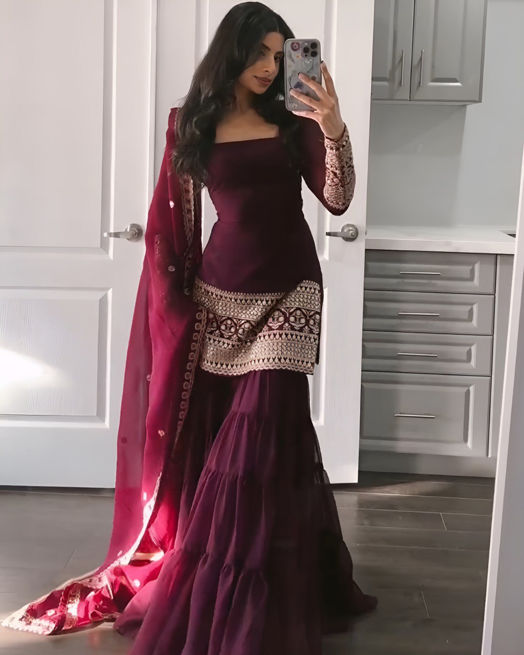 Wine Premium Designer Georgette Sharara Set – Fully Stitched Secondary image
