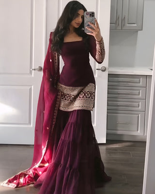 Wine Premium Designer Georgette Sharara Set – Fully Stitched ClothsVilla
