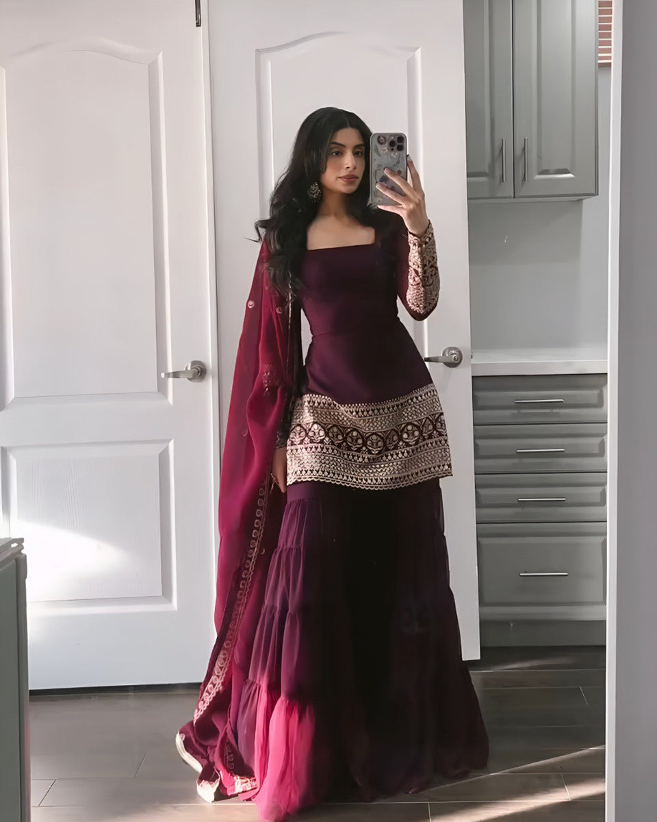 Stylish & Elegant Wine Georgette Chinon 3-Piece Set with Front & Back Embroidery and Net Dupatta