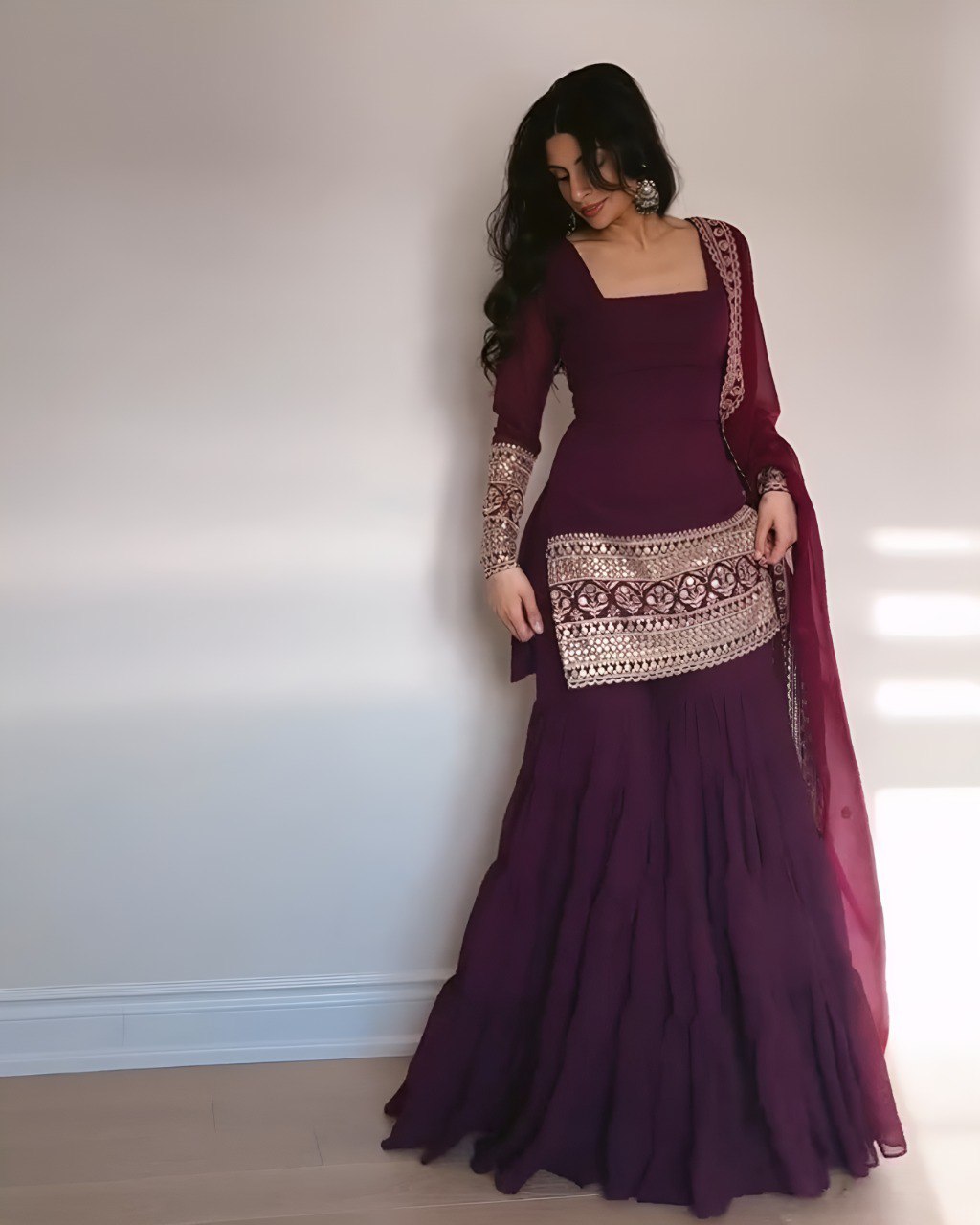 Wine Premium Designer Georgette Sharara Set – Fully Stitched ClothsVilla