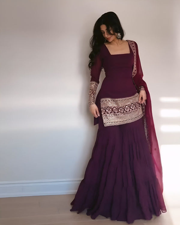 Wine Premium Designer Georgette Sharara Set – Fully Stitched ClothsVilla