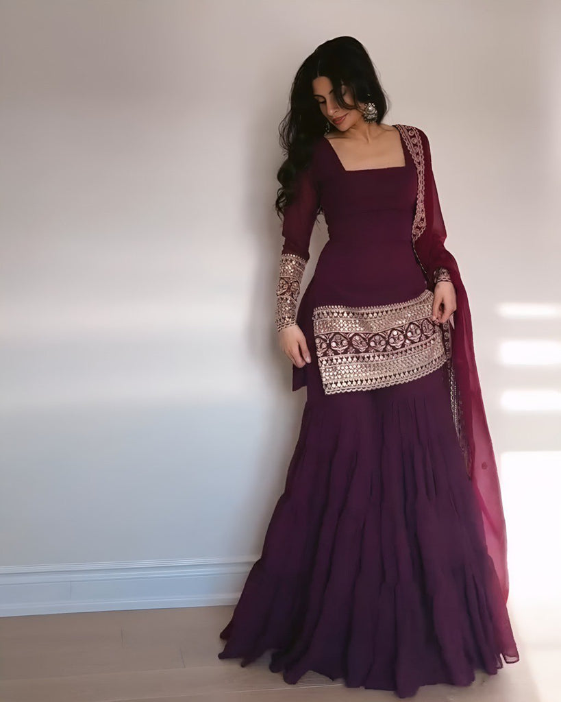 Wine Premium Designer Georgette Sharara Set – Fully Stitched ClothsVilla