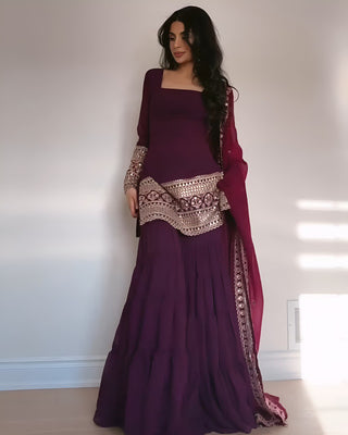 Wine Premium Designer Georgette Sharara Set – Fully Stitched ClothsVilla