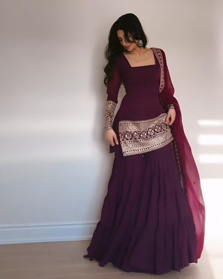 Wine Premium Designer Georgette Sharara Set – Fully Stitched ClothsVilla