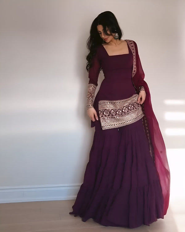 Wine Premium Designer Georgette Sharara Set – Fully Stitched ClothsVilla