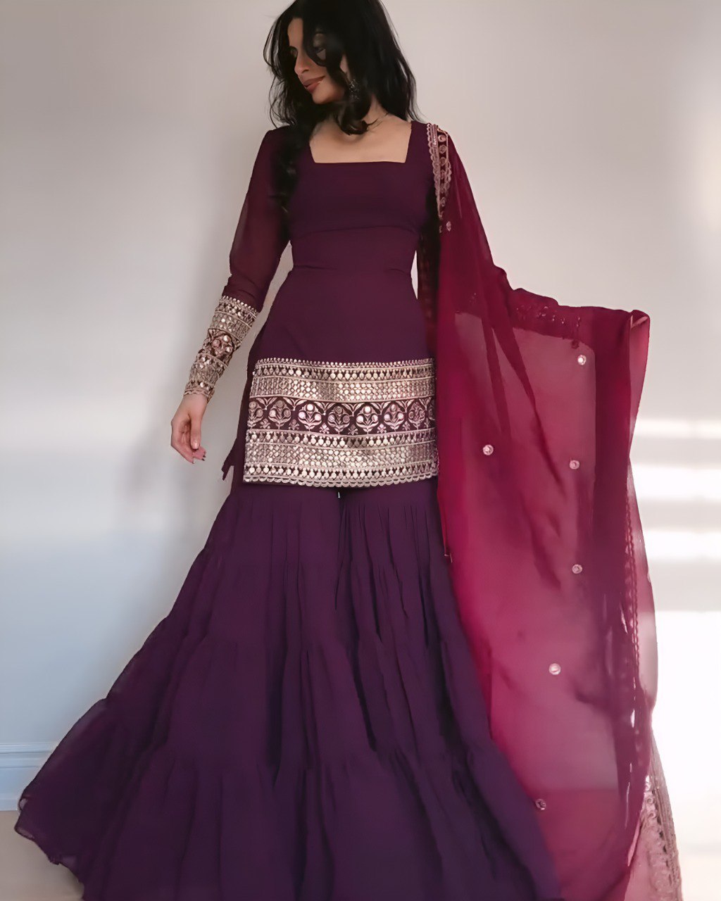 Wine Premium Designer Georgette Sharara Set – Fully Stitched ClothsVilla