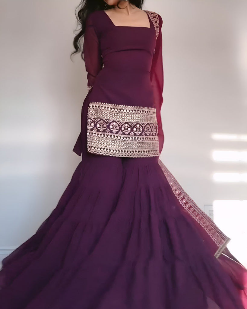 Wine Premium Designer Georgette Sharara Set – Fully Stitched ClothsVilla
