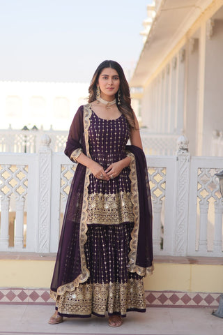 Wine Premium Designer Kurti-Gharara-Dupatta Set for Dazzling Occasions ClothsVilla