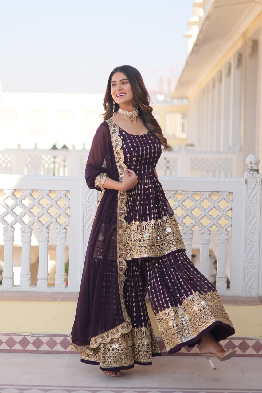 Wine Premium Designer Kurti-Gharara-Dupatta Set for Dazzling Occasions ClothsVilla