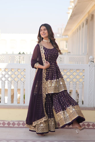 Wine Premium Designer Kurti-Gharara-Dupatta Set for Dazzling Occasions ClothsVilla