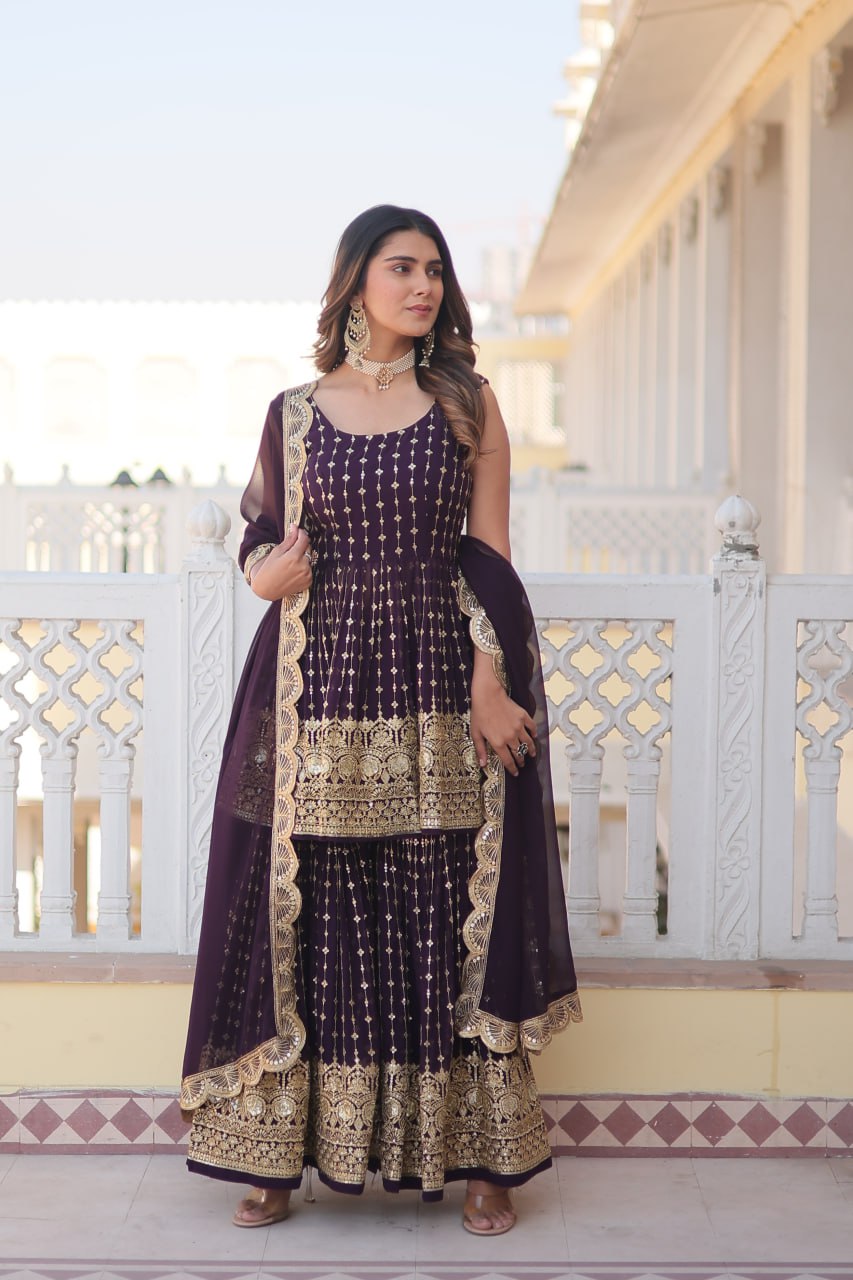 Wine Premium Designer Kurti-Gharara-Dupatta Set for Dazzling Occasions ClothsVilla