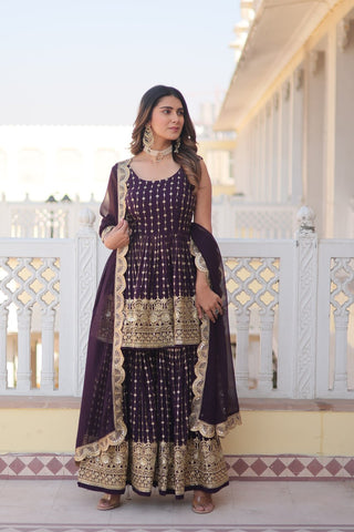 Wine Premium Designer Kurti-Gharara-Dupatta Set for Dazzling Occasions ClothsVilla
