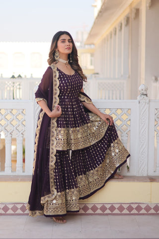 Wine Premium Designer Kurti-Gharara-Dupatta Set for Dazzling Occasions ClothsVilla