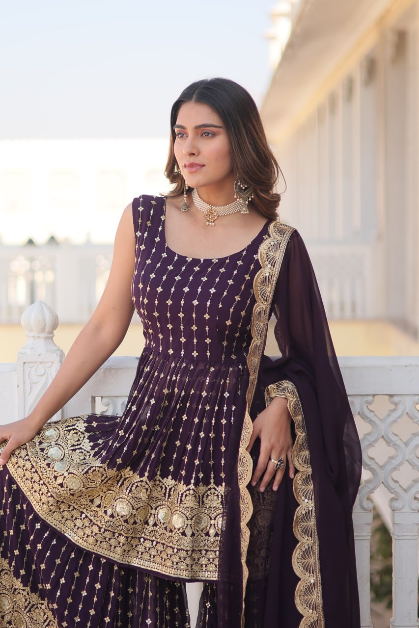 Wine Premium Designer Kurti-Gharara-Dupatta Set for Dazzling Occasions ClothsVilla