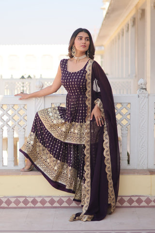 Wine Premium Designer Kurti-Gharara-Dupatta Set for Dazzling Occasions ClothsVilla