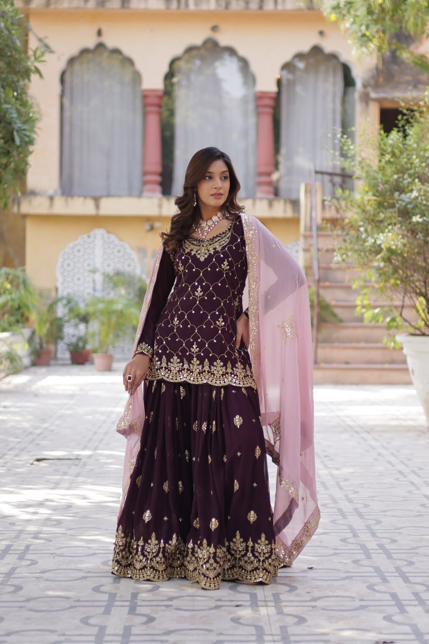 Wine Premium Designer Kurti-Plazzo-Dupatta Set with Sequins Embroidery - Ready to Wear Main image