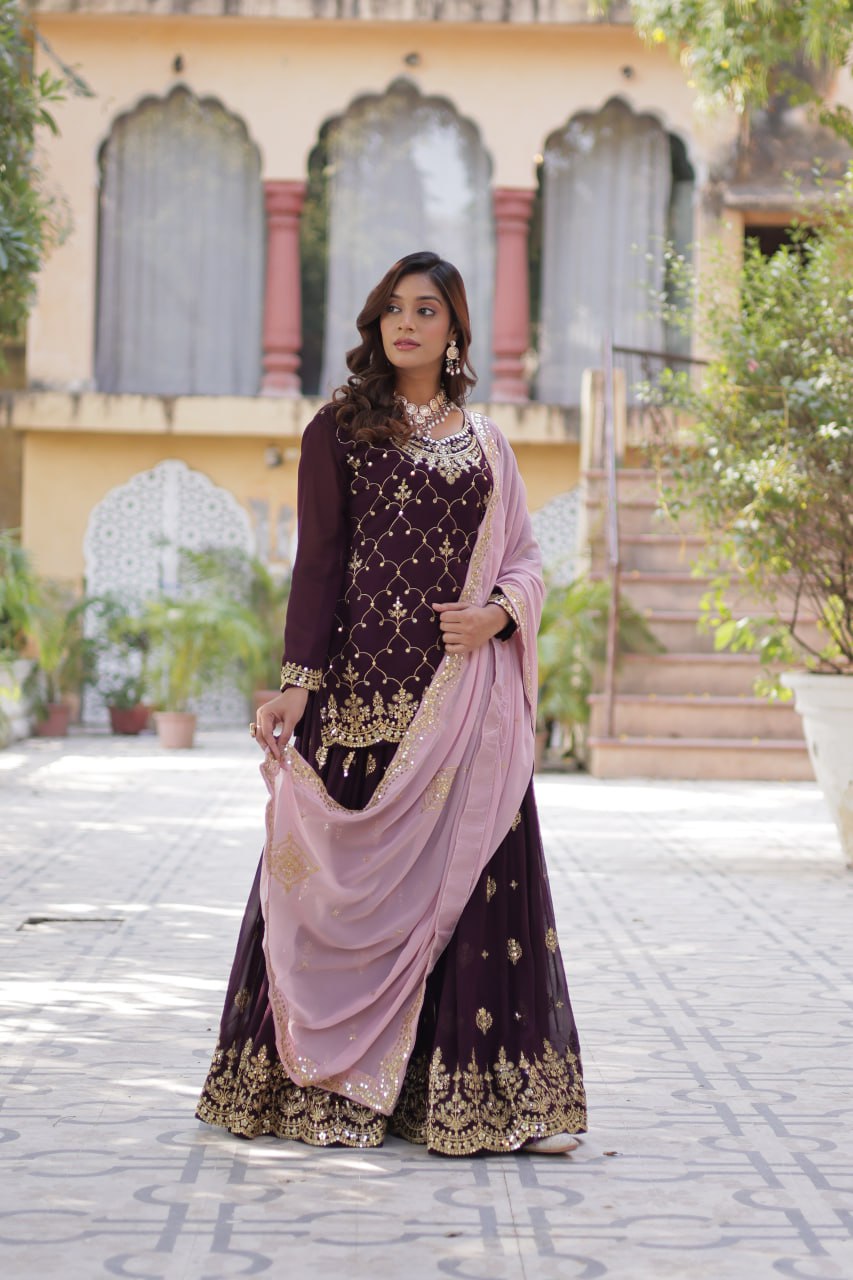 Wine Premium Designer Kurti-Plazzo-Dupatta Set with Sequins Embroidery - Ready to Wear