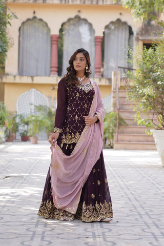 Wine Premium Designer Kurti-Plazzo-Dupatta Set with Sequins Embroidery - Ready to Wear