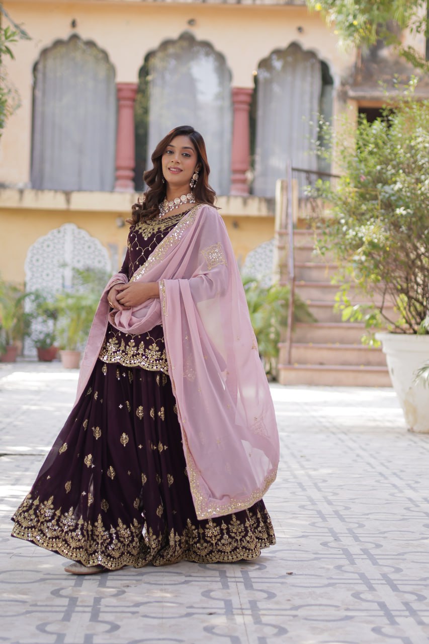 Wine Premium Designer Kurti-Plazzo-Dupatta Set with Sequins Embroidery - Ready to Wear