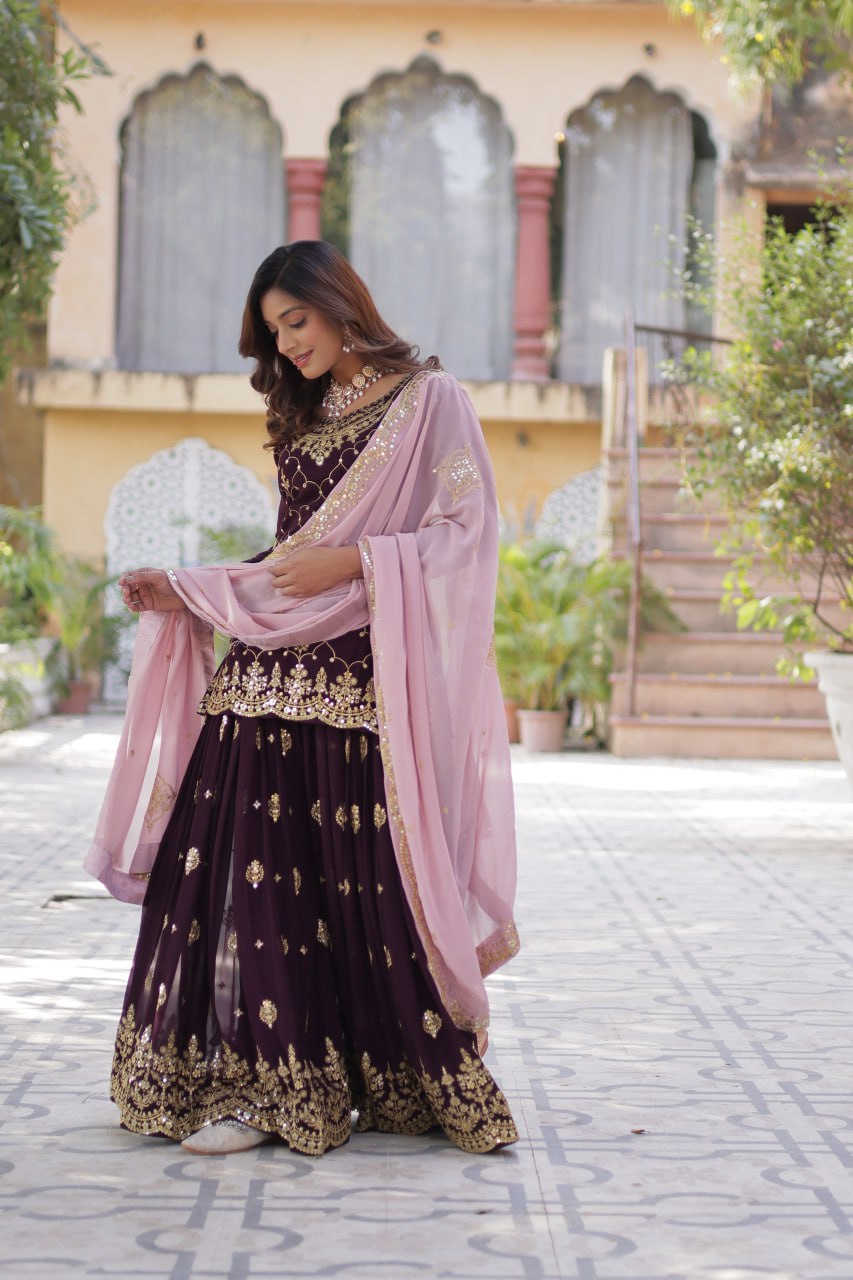 Wine Premium Designer Kurti-Plazzo-Dupatta Set with Sequins Embroidery - Ready to Wear