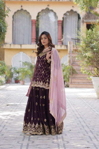 Wine Premium Designer Kurti-Plazzo-Dupatta Set with Sequins Embroidery - Ready to Wear