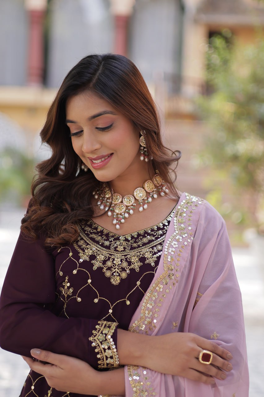 Wine Premium Designer Kurti-Plazzo-Dupatta Set with Sequins Embroidery - Ready to Wear