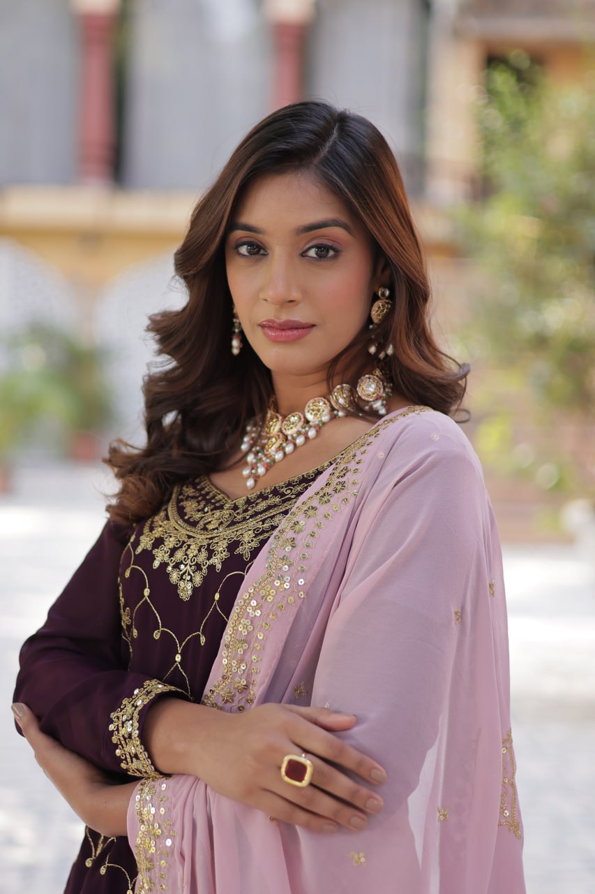Wine Premium Designer Kurti-Plazzo-Dupatta Set with Sequins Embroidery - Ready to Wear