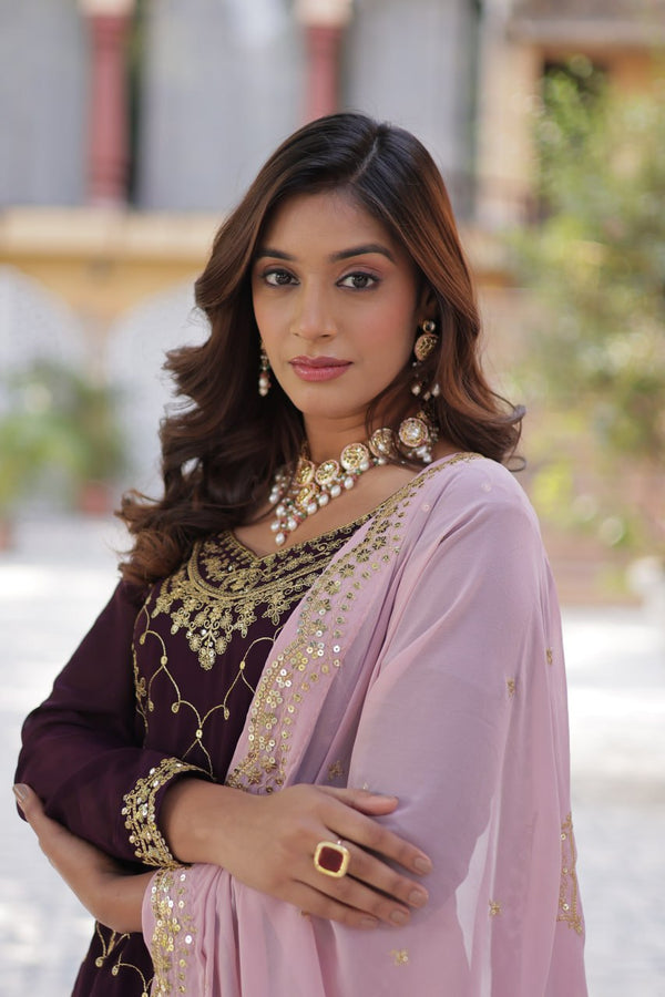 Wine Premium Designer Kurti-Plazzo-Dupatta Set with Sequins Embroidery - Ready to Wear