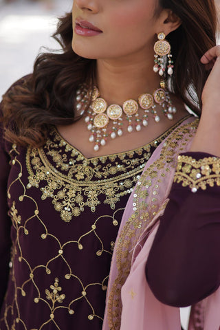 Wine Premium Designer Kurti-Plazzo-Dupatta Set with Sequins Embroidery - Ready to Wear