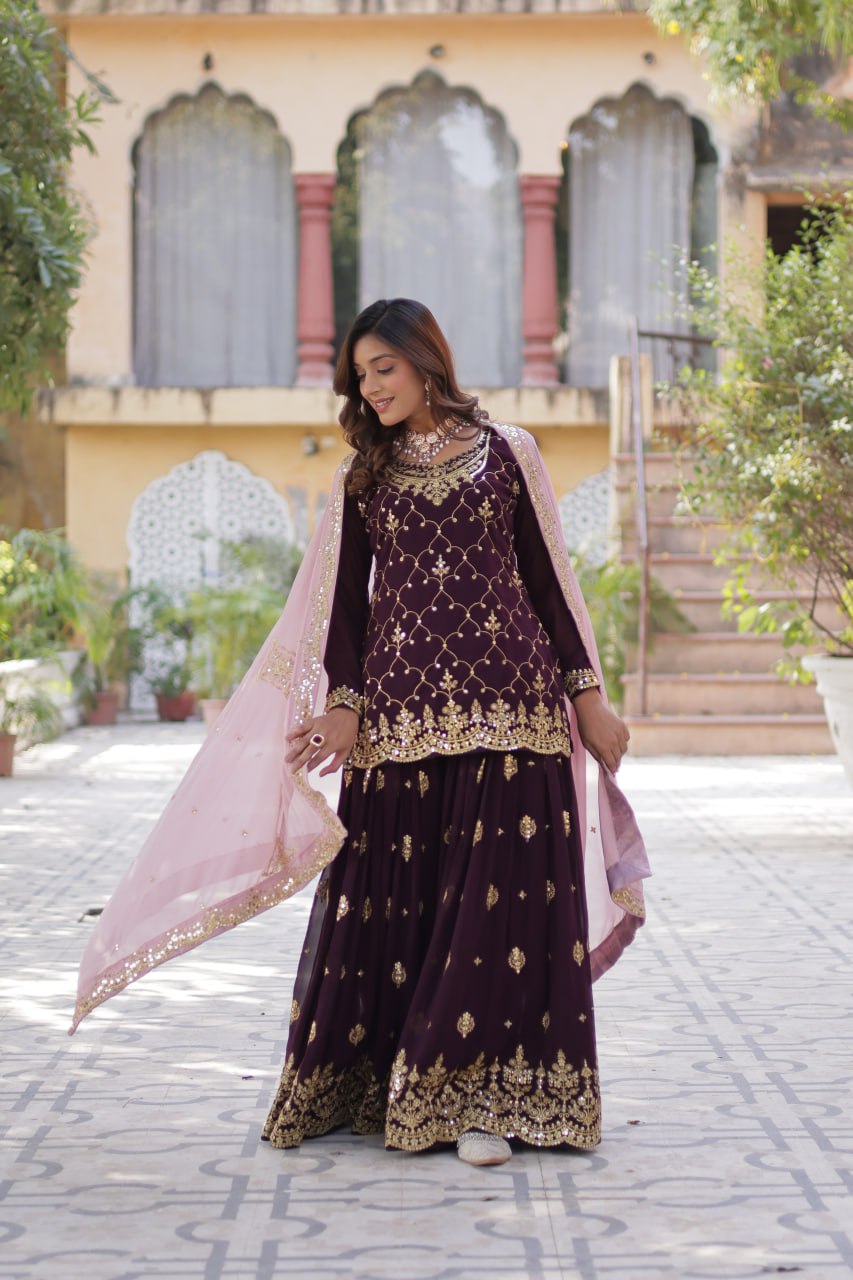 Wine Premium Designer Kurti-Plazzo-Dupatta Set with Sequins Embroidery - Ready to Wear