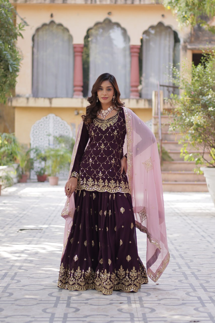 Wine Premium Designer Kurti-Plazzo-Dupatta Set with Sequins Embroidery - Ready to Wear
